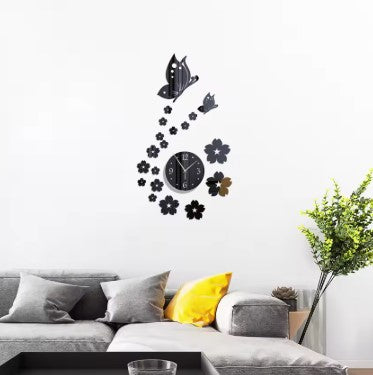 Round Mirror Wall Clock with Butterfly Flowers