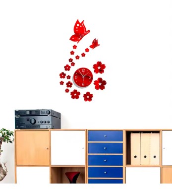 Round Mirror Wall Clock with Butterfly Flowers