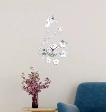 Round Mirror Wall Clock with Butterfly Flowers